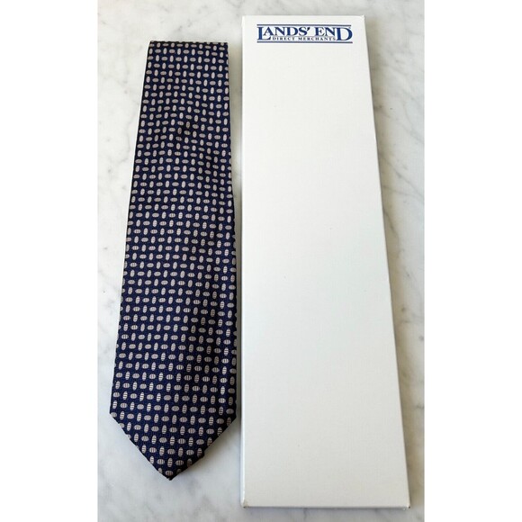 Lands' End Navy Blue  Tan Print Men's Silk Neck Tie  NEW - Picture 3 of 7